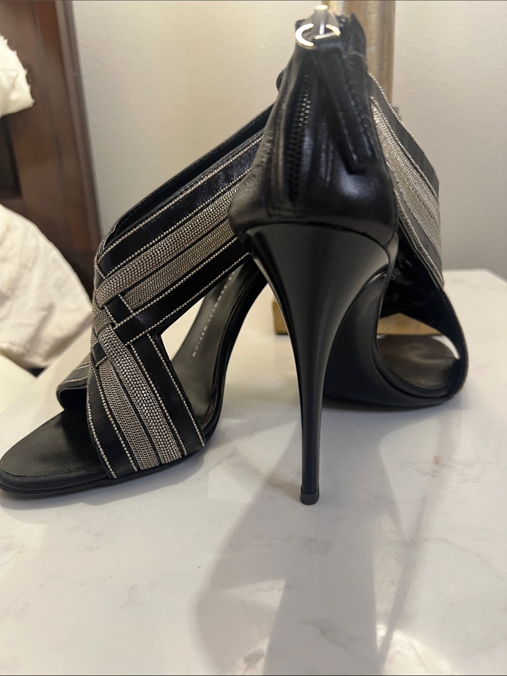 Giuseppe Zanotti Black Open-Toe Stiletto Sandals with Silver Straps